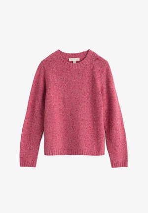 Růžový pletený svetr s kulatým výstřihem, dlouhými rukávy a žebrovanými manžetami a lemem. Texturovaný s odstíny různých barev po celém povrchu.