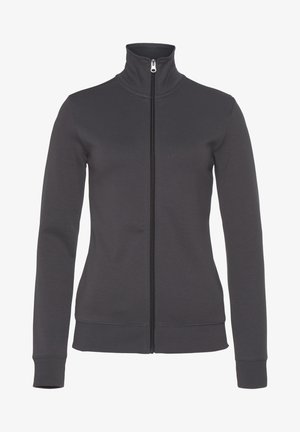 Dark gray zip-up sweatshirt with a high collar, long sleeves, and ribbed cuffs. Smooth fabric with no visible patterns or accents.