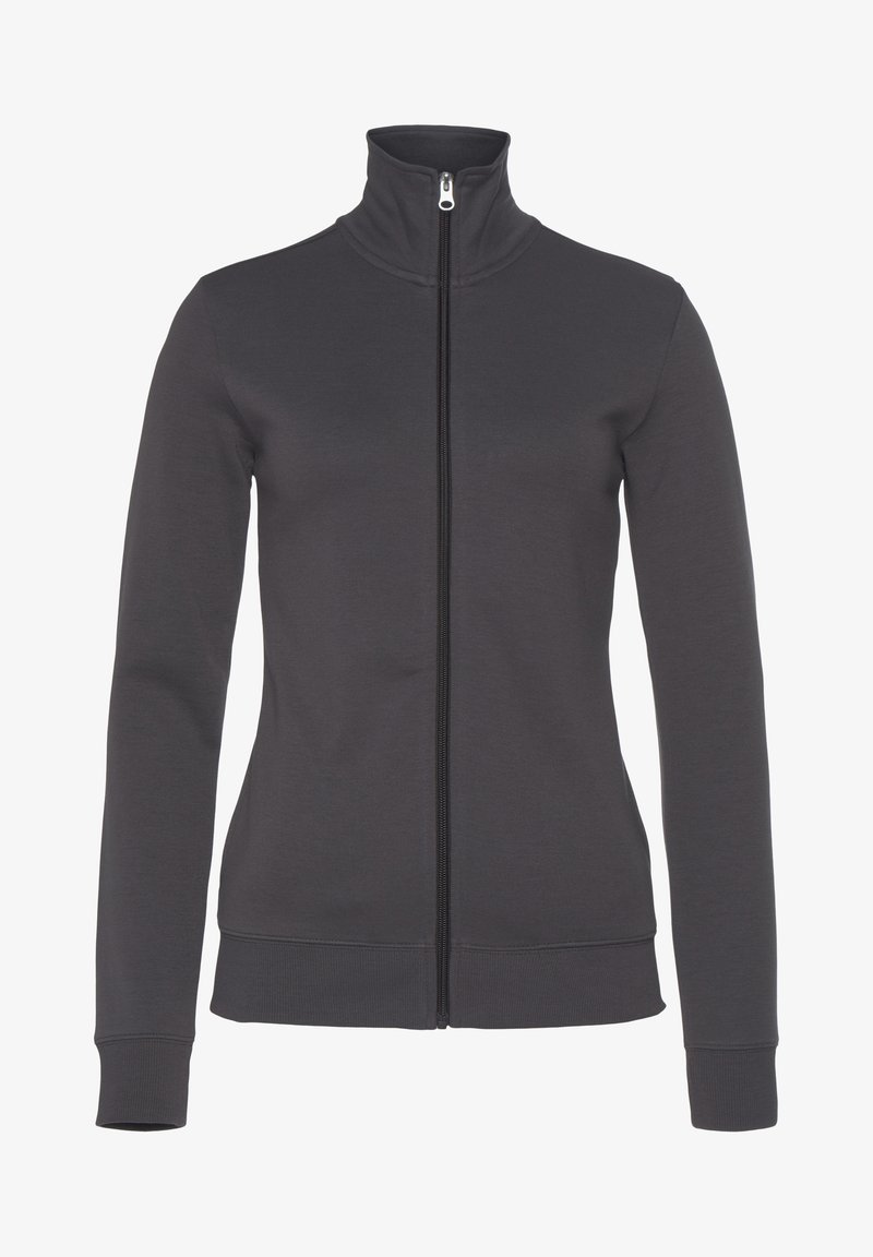 Dunkelgrauer Reißverschluss-Hoodie mit hohem Kragen, langen Ärmeln und gerippten Bündchen. Glattes Material ohne sichtbare Muster oder Akzente.