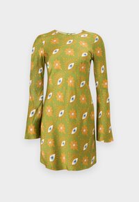 Vestido verde com mangas largas em forma de sino, apresentando um padrão de olhos e flores em laranja, rosa e azul. Tecido suave com uma silhueta ajustada.