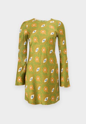 Groene jurk met lange klokmouwen, voorzien van een oog- en bloemenpatroon in oranje, roze en blauw. Gladde stof met een getailleerde silhouet.