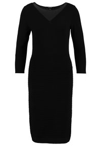 Musta bodycon-mekko pitkilla hihoilla, V-pääntiellä ja ribbikuvioinnilla. Kangas on sileä, sopiva siluetti, polvipitkä.