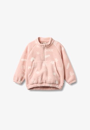 Mehak roza pulover iz flisa z belimi abstraktnimi madeži, sprednji del na pol zadrge, kenguru žepom, dolgimi rokavi in visokim ovratnikom.