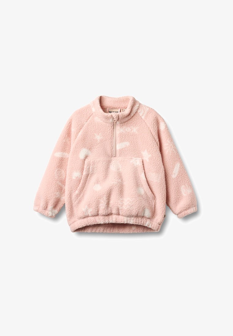 Puha rózsaszín polár felső fehér absztrakt foltokkal, fél cipzárral elöl, kenguruzsebbel, hosszú ujjú és magas nyakú.