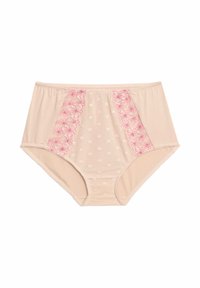 Beige højtaljet undertøj med blomsterbroderi i pink. Har struktureret stof med små blomster mønstre og elastisk talje.