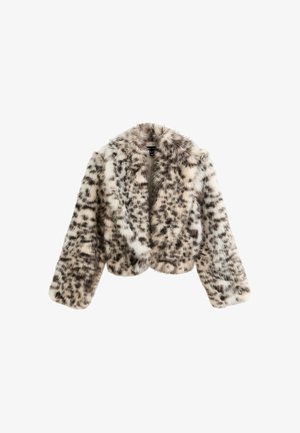 Giacca cropped in pelliccia sintetica beige con motivo a macchie nere. Caratterizzata da un colletto a scialle e un tessuto morbido e texture.