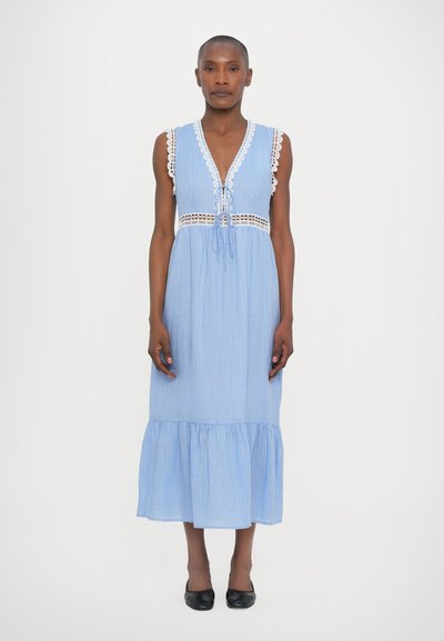 Light blue striped dress with a ruffled hem, lace trim on shoulders, and a drawstring neckline. Crafted from a lightweight fabric.