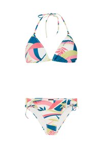 Bikini komplet koji sadrži trokutasti gornji dio i podesive strane. Šarenasti tropski uzorak s ružičastim, plavim, zelenim i žutim detaljima. Mekana, rastezljiva tkanina.
