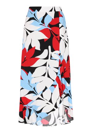 Ziedu raksta wrap svārki baltā, sarkanā, zilā un melnā krāsā. Ar lielām lapu rakstām, vieglu audumu un sānu šķēlumu.