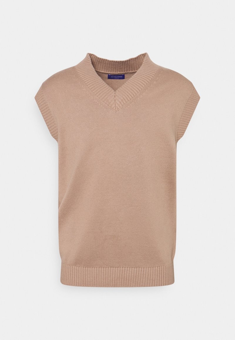 Gilet sans manches beige en tricot avec large col en V côtelé et ourlet côtelé, présenté sur fond uni.