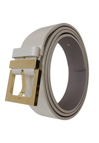 Light gray leather belt with a gold square buckle. The buckle features a textured finish and a smooth white accent.