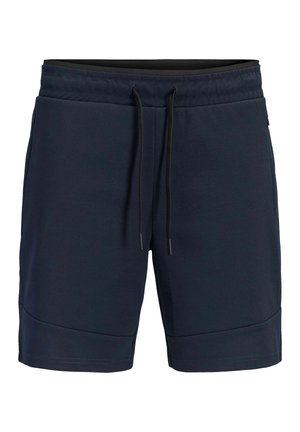 Tamnoplave muške sportske kratke hlače s elastičnim pojasom i crnim vezicama, s bočnim džepovima i duljinom do koljena.