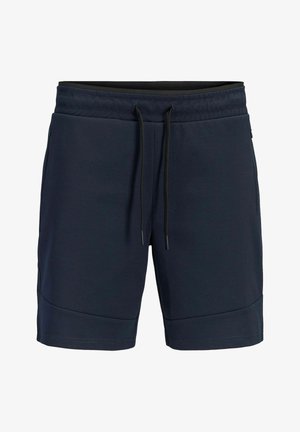 Tamnoplave muške sportske kratke hlače s elastičnim pojasom i crnim vezicama, s bočnim džepovima i duljinom do koljena.