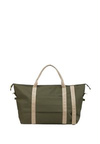 Bolsa tote verde oliva con correas de tela beige que presenta un patrón en relieve. Incluye cierre de cremallera y un bolsillo exterior para mayor comodidad.