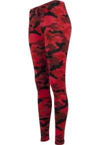 Røde og svarte camo leggings i en tettsittende design, laget av elastisk stoff, med en glatt tekstur og sømløst liv.