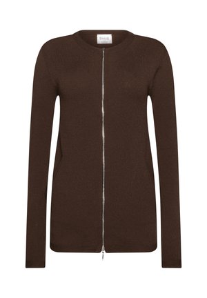 Cardigan marrone con zip, maniche lunghe, scollatura rotonda e texture liscia. Presenta una chiusura con zip anteriore per un facile indossamento.