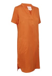 Robe orange mi-longue aux genoux avec manches courtes, col en V et deux poches plaquées à l'avant, avec une coupe ample et des fentes latérales arrondies à l'ourlet.