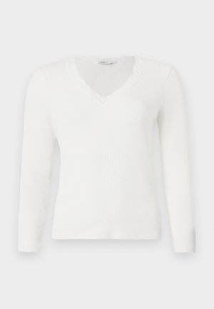 Λευκό ριμπ μακρυμάνικο μπλουζάκι με V-λαιμόκοψη και δαντελένια λεπτομέρεια γύρω από το γιακά, τοποθετημένο επίπεδα σε λευκό φόντο.