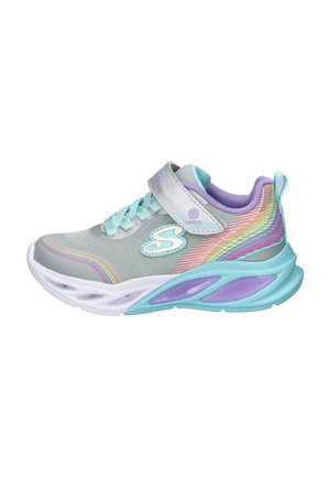 Leuchtender Kindersneaker in Pastellgrau mit türkis-, lila- und regenbogenfarbenen Akzenten, mit Klettverschluss und gepolsterter Sohle.
