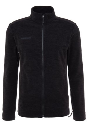 Schwarze Fleecejacke mit durchgehendem Reißverschluss, hohem Kragen, langen Ärmeln und dezentem Mammut-Logo auf der linken Brust und am rechten Oberarm.