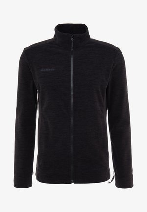 Schwarze Fleecejacke mit durchgehendem Reißverschluss, hohem Kragen, langen Ärmeln und dezentem Mammut-Logo auf der linken Brust und am rechten Oberarm.