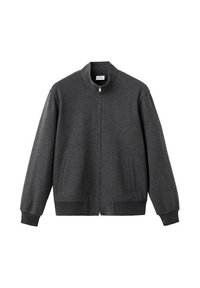 Giacca grigia con zip realizzata in tessuto morbido. Presenta un colletto alto, tasche frontali e polsini e orlo a coste per un look aderente.