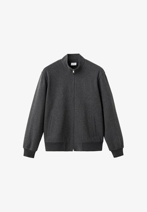 Graue Zip-Jacke aus weichem Stoff. Mit Stehkragen, Fronttaschen und gerippten Bündchen sowie Saum für eine körpernahe Passform.