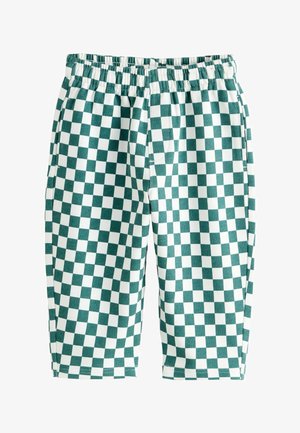 Grønne og hvide ternede shorts med elastisk talje, lavet af blødt materiale, med lommer og sydd kant.