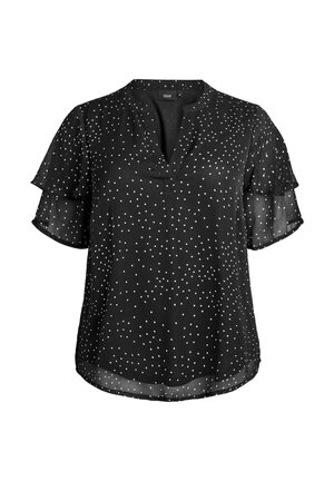 Zwart kort mouw blouse met witte polkadots, frivole mouwen en een V-hals met een klein opstaand kraagje.