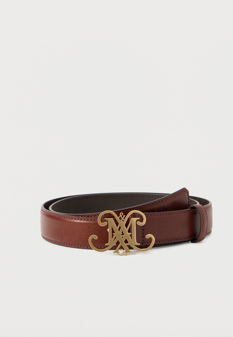 Bruine leren riem met een gouden metalen gesp met een decoratief verweven monogramontwerp. Gladde textuur met een strakke afwerking.