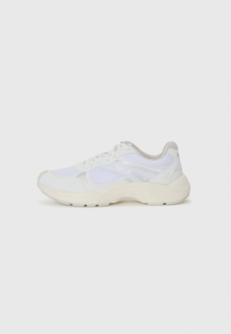 White athletic shoes made of mesh and suede, featuring a textured midsole, textured accents, and "HUGO" logo on the side.