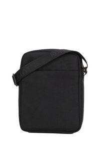 Borsa a tracolla in nylon nero con superficie strutturata, tracolla regolabile e tasca posteriore. Forma quadrata con chiusura zip per una conservazione sicura.
