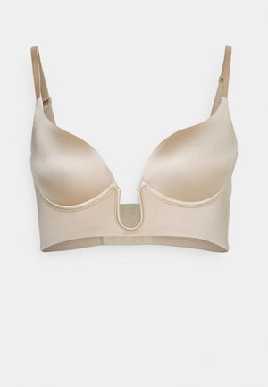 Beige satijnen bh met voorgevormde cups, U-vormig middenstuk, verstelbare bandjes en een gladde afwerking. Achter sluiting voor een veilige pasvorm.
