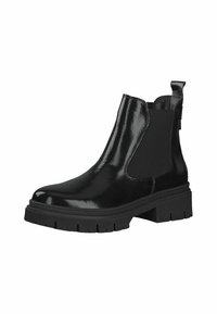 Bottines Chelsea noires en cuir verni avec des panneaux latéraux en élasthanne et une semelle en caoutchouc noire épaisse. Texture lisse et brillante avec un détail de tirette.