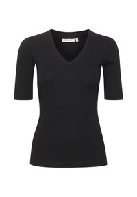 Svart ribbad kortärmad topp med v-halsdesign. Mjuk textur och figurnära passform. Lätt stretch i hela plagget med minimal märkning.