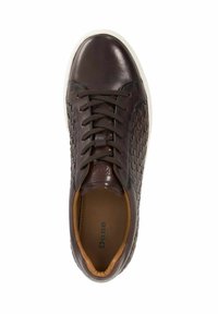 Brown leather sneaker with woven side panel, round toe, and white rubber sole. Features flat laces and an inner lining in tan.