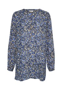 Blouse à manches longues beige avec des motifs floraux bleus et marine. Dotée d'un col rond et d'une fermeture par boutons. Tissu doux et léger.