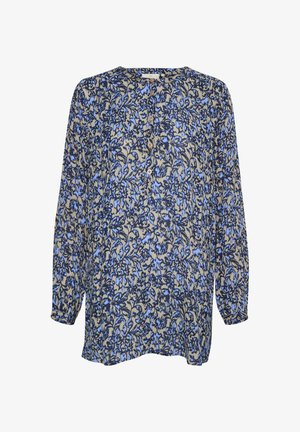 Blouse à manches longues beige avec des motifs floraux bleus et marine. Dotée d'un col rond et d'une fermeture par boutons. Tissu doux et léger.