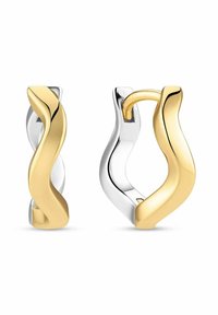 Guld- och silverfärgade snurrade hoopörhängen med en slät, polerad yta med kontrasterande ytor och en unik form.