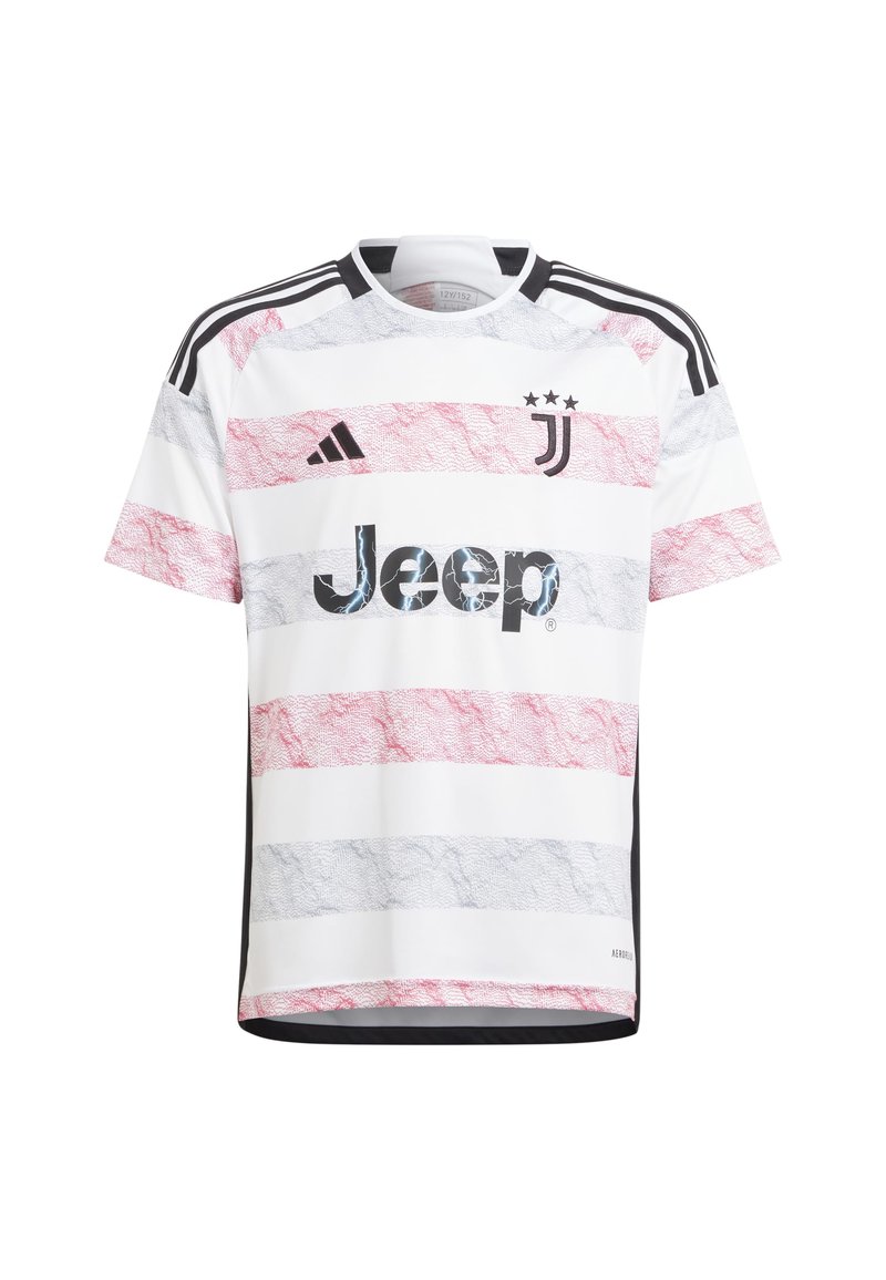 Maglia da calcio della Juventus con base bianca, strisce orizzontali rosse e grigie, accenti neri, logo "Jeep" e tre stelle sopra il marchio.