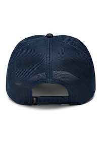 Cappellino in rete blu navy con visiera curvata e chiusura snapback regolabile. Presenta una superficie testurizzata e cuciture rinforzate sulla parte superiore.
