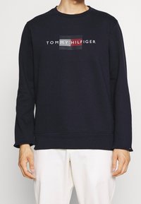 Felpa blu navy, colletto rotondo e maniche lunghe. Presenta una grafica centrale con il nome del marchio "Tommy Hilfiger" in testo bianco e rosso.