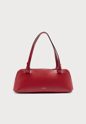 Piros bőr, téglalap alakú kézitáska dupla fogóval és középen elhelyezett kis arany "NEOUS" logóval az elején.