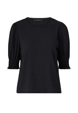 Schwarze, strukturierte Bluse mit kurzen Puffärmeln und gerafften Bündchen, rundem Ausschnitt und lockerem Sitz.