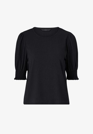 Schwarze, strukturierte Bluse mit kurzen Puffärmeln und gerafften Bündchen, rundem Ausschnitt und lockerem Sitz.