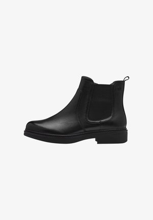 Bottines en cuir noir avec des panneaux latéraux élastiques et une languette en boucle, dotées d'une finition lisse et d'un petit talon épais pour la stabilité.