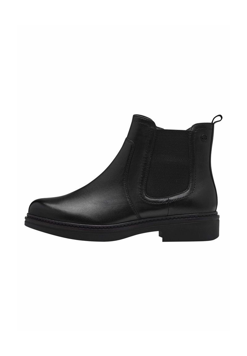 Botine negre din piele, cu panouri elastice pe laturi și o buclă pentru ușurința încălțării, având un finisaj neted și un toc mic, de tip bloc, pentru stabilitate.