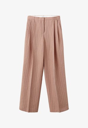Pantalon taille haute à jambes larges en marron clair avec rayures verticales et plis devant, doté de passants de ceinture et d’une fermeture éclair dissimulée.