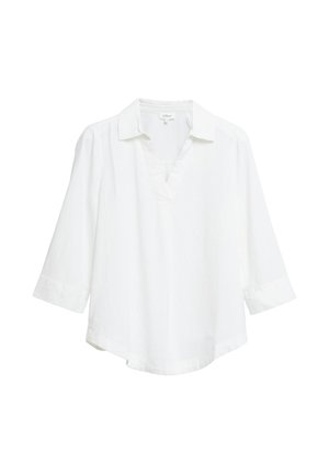 Weiße Bluse mit langen Ärmeln, Kragen, V-Ausschnitt und leicht abgerundetem Saum, dargestellt auf weißem Hintergrund.