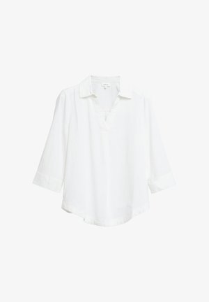 Biała bluzka z długim rękawem, kołnierzykiem, dekoltem w szpic i lekko zaokrąglonym dołem, prezentowana na białym tle.